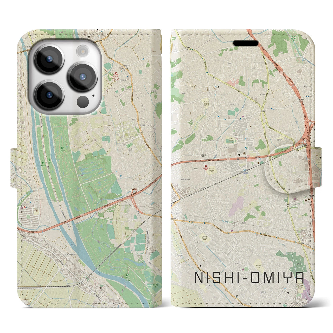 【西大宮】地図柄iPhoneケース（手帳両面タイプ・ナチュラル）iPhone 14 Pro 用