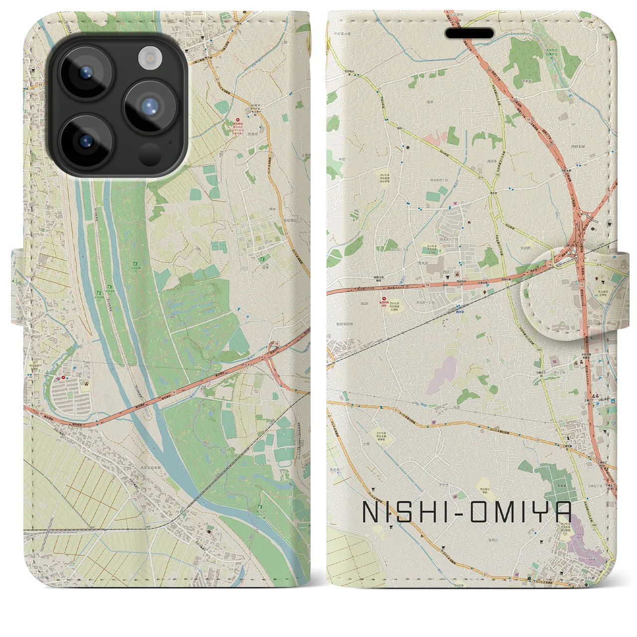 【西大宮】地図柄iPhoneケース（手帳両面タイプ・ナチュラル）iPhone 15 Pro Max 用