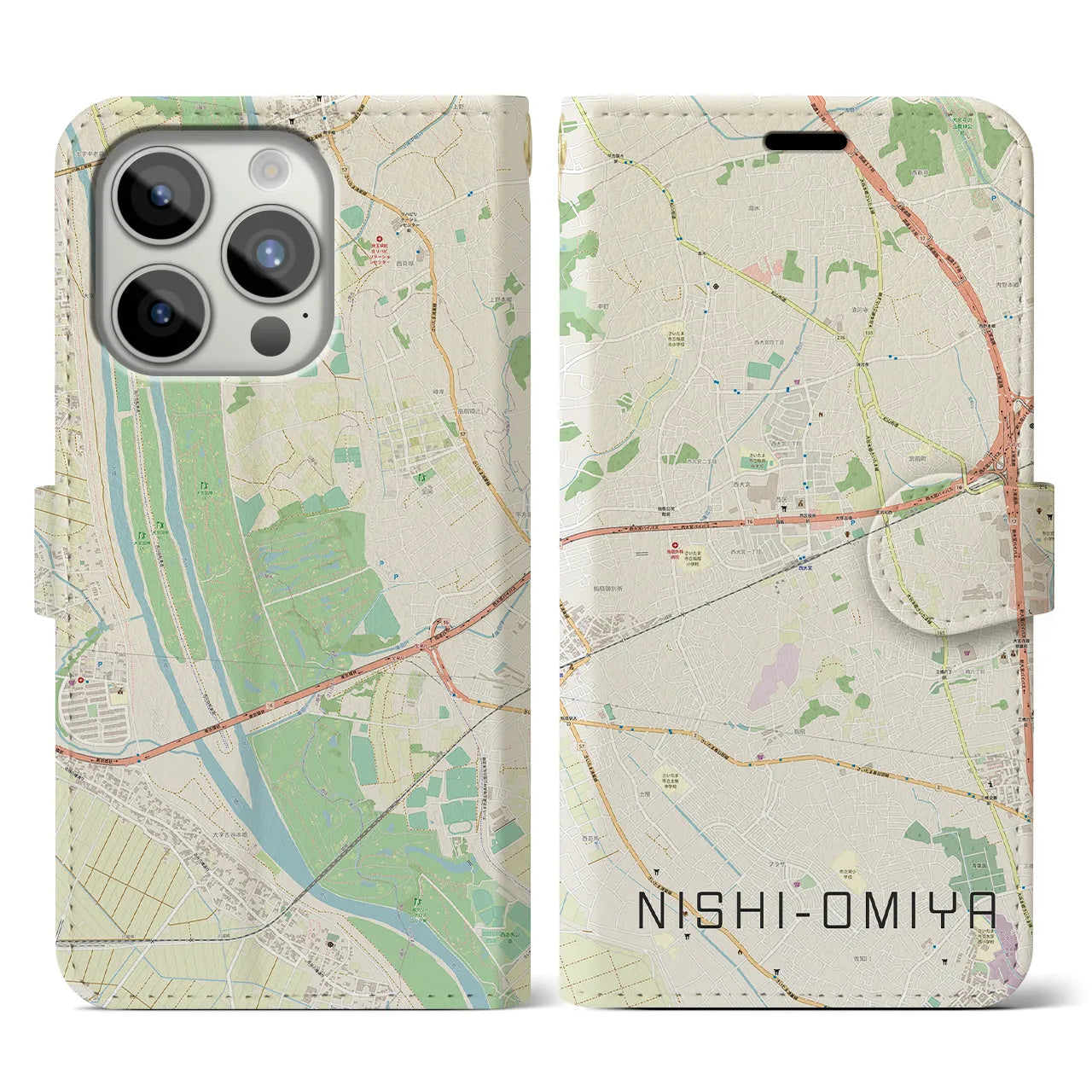 【西大宮】地図柄iPhoneケース（手帳両面タイプ・ナチュラル）iPhone 15 Pro 用