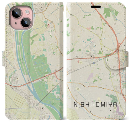 【西大宮（埼玉県）】地図柄iPhoneケース（手帳タイプ）ナチュラル・iPhone 15 Plus 用