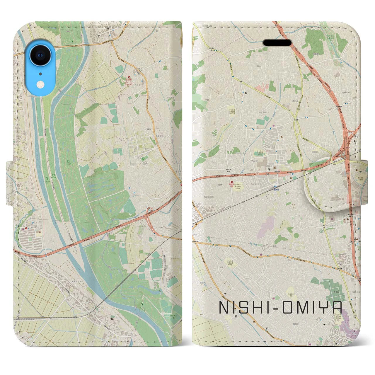 【西大宮】地図柄iPhoneケース（手帳両面タイプ・ナチュラル）iPhone XR 用