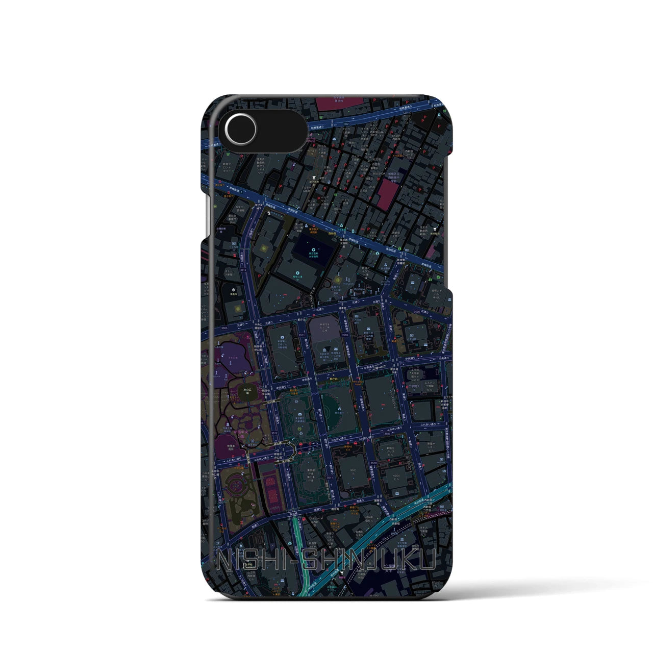 【西新宿】地図柄iPhoneケース（バックカバータイプ・ブラック）iPhone SE（第3 / 第2世代） / 8 / 7 / 6s / 6 用