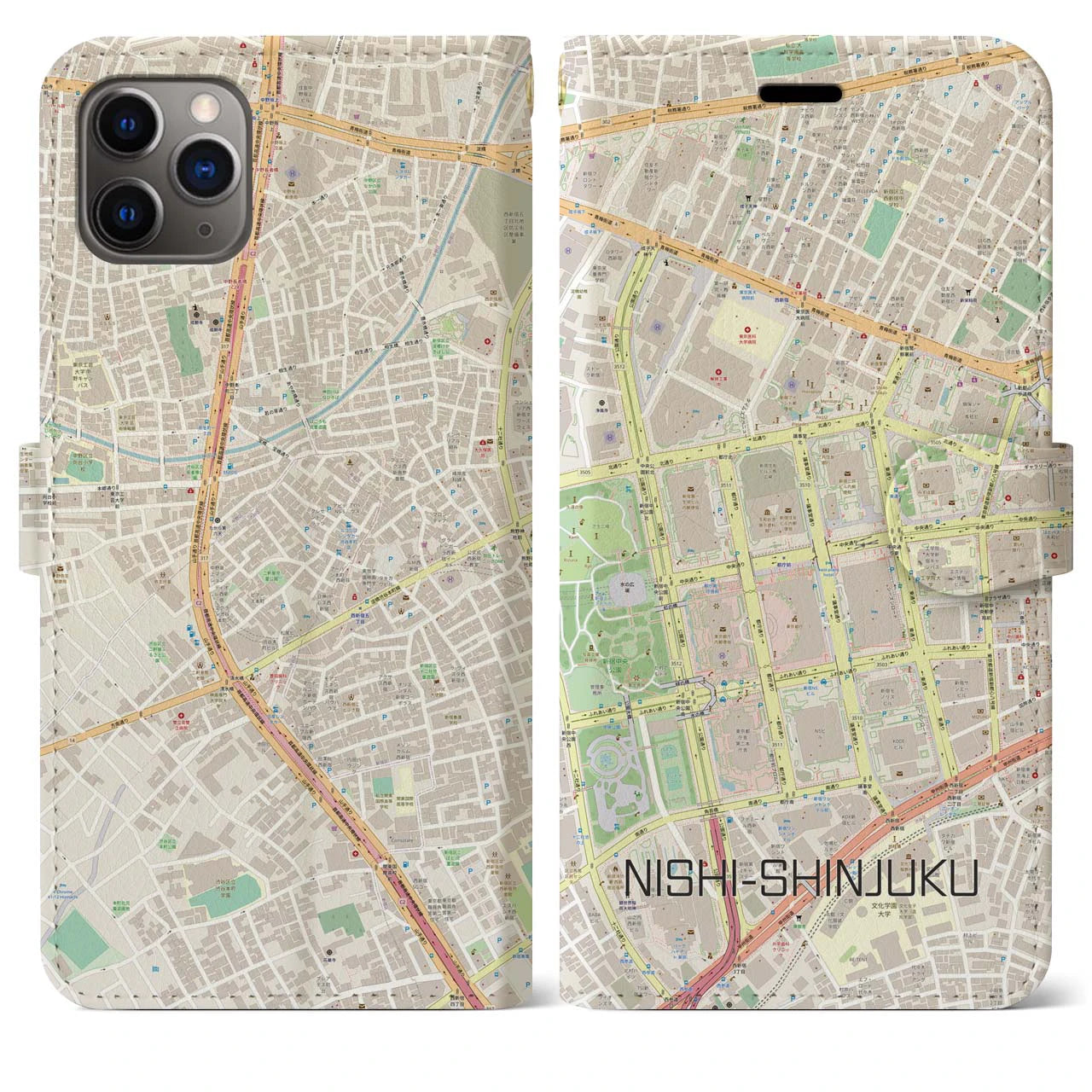 【西新宿】地図柄iPhoneケース（手帳両面タイプ・ナチュラル）iPhone 11 Pro Max 用