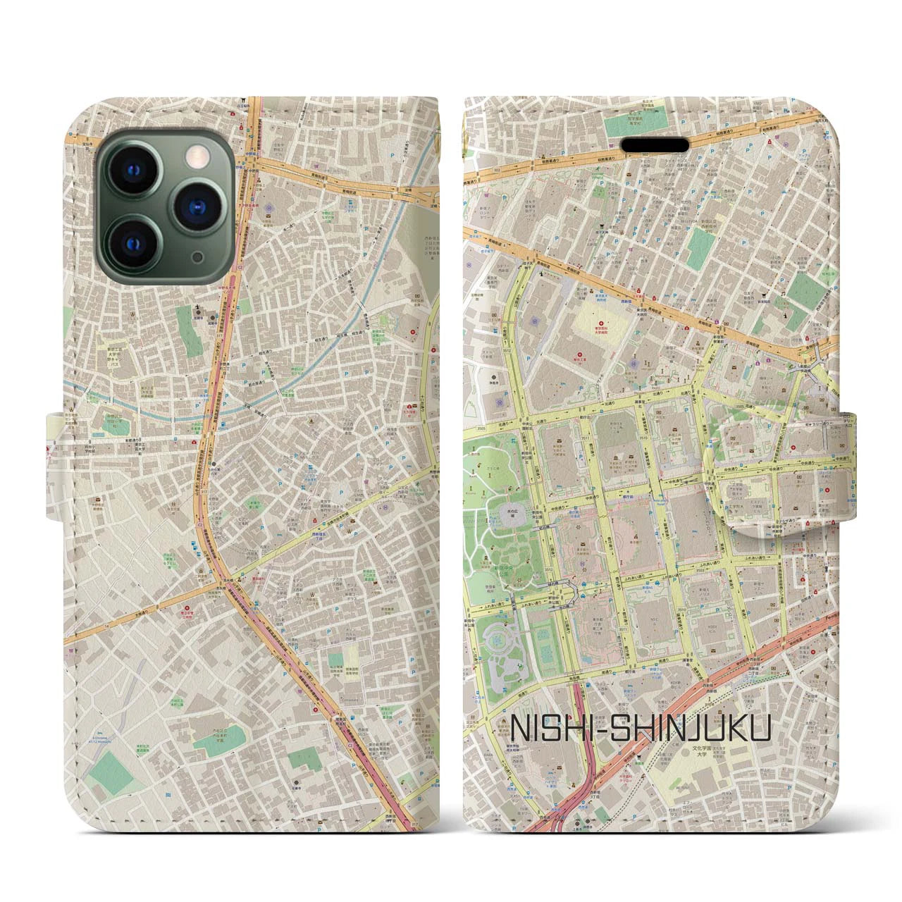 【西新宿】地図柄iPhoneケース（手帳両面タイプ・ナチュラル）iPhone 11 Pro 用