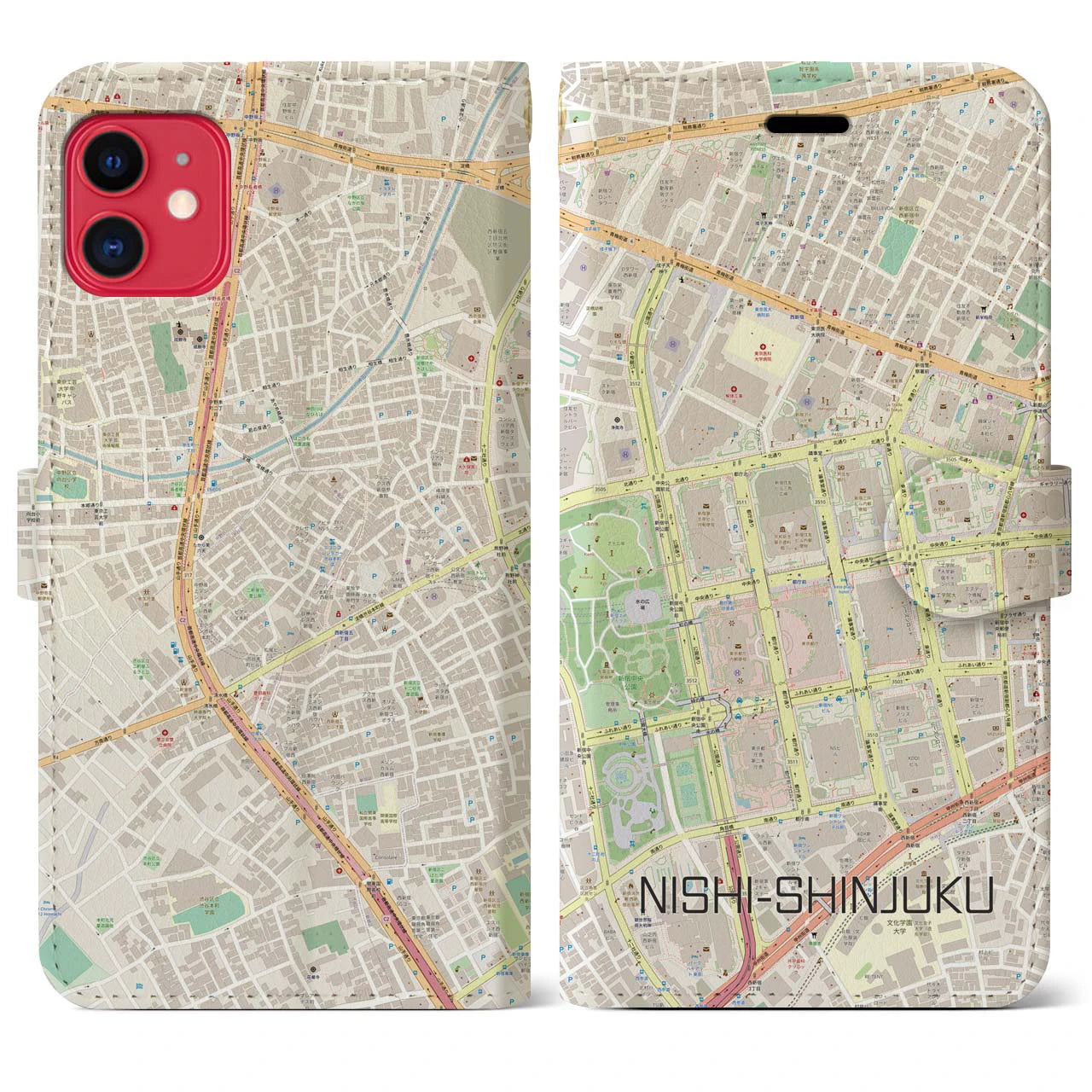 【西新宿】地図柄iPhoneケース（手帳両面タイプ・ナチュラル）iPhone 11 用