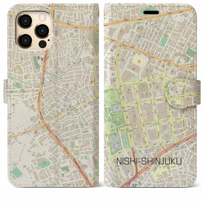 【西新宿（東京都）】地図柄iPhoneケース（手帳タイプ）ナチュラル・iPhone 12 Pro Max 用