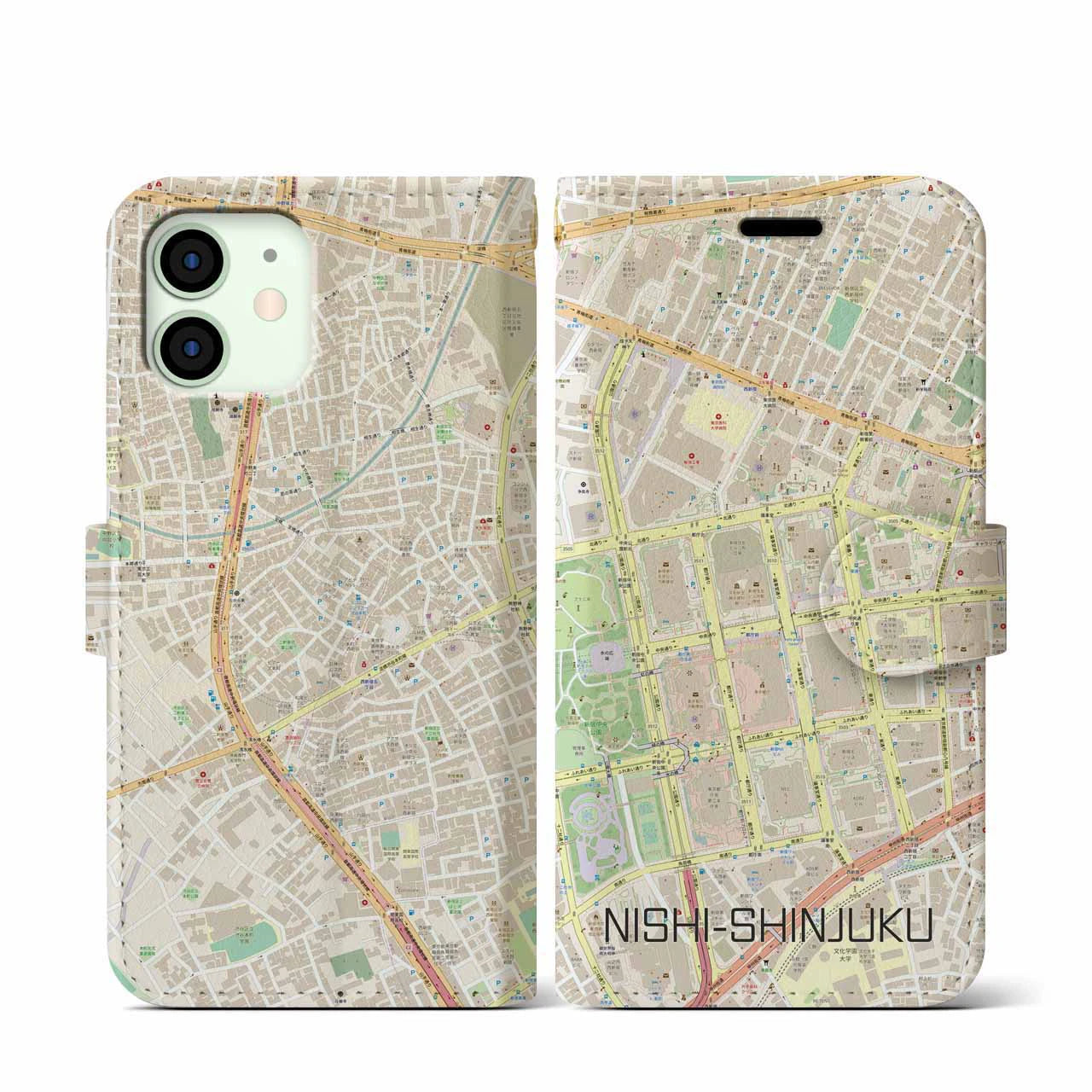 【西新宿】地図柄iPhoneケース（手帳両面タイプ・ナチュラル）iPhone 12 mini 用