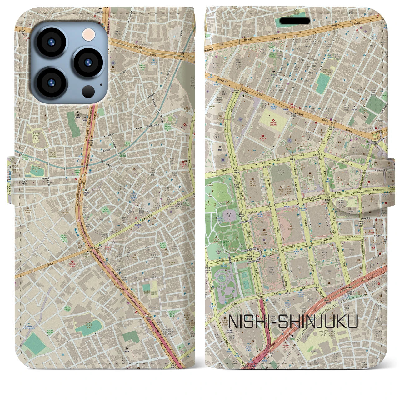 【西新宿】地図柄iPhoneケース（手帳両面タイプ・ナチュラル）iPhone 13 Pro Max 用