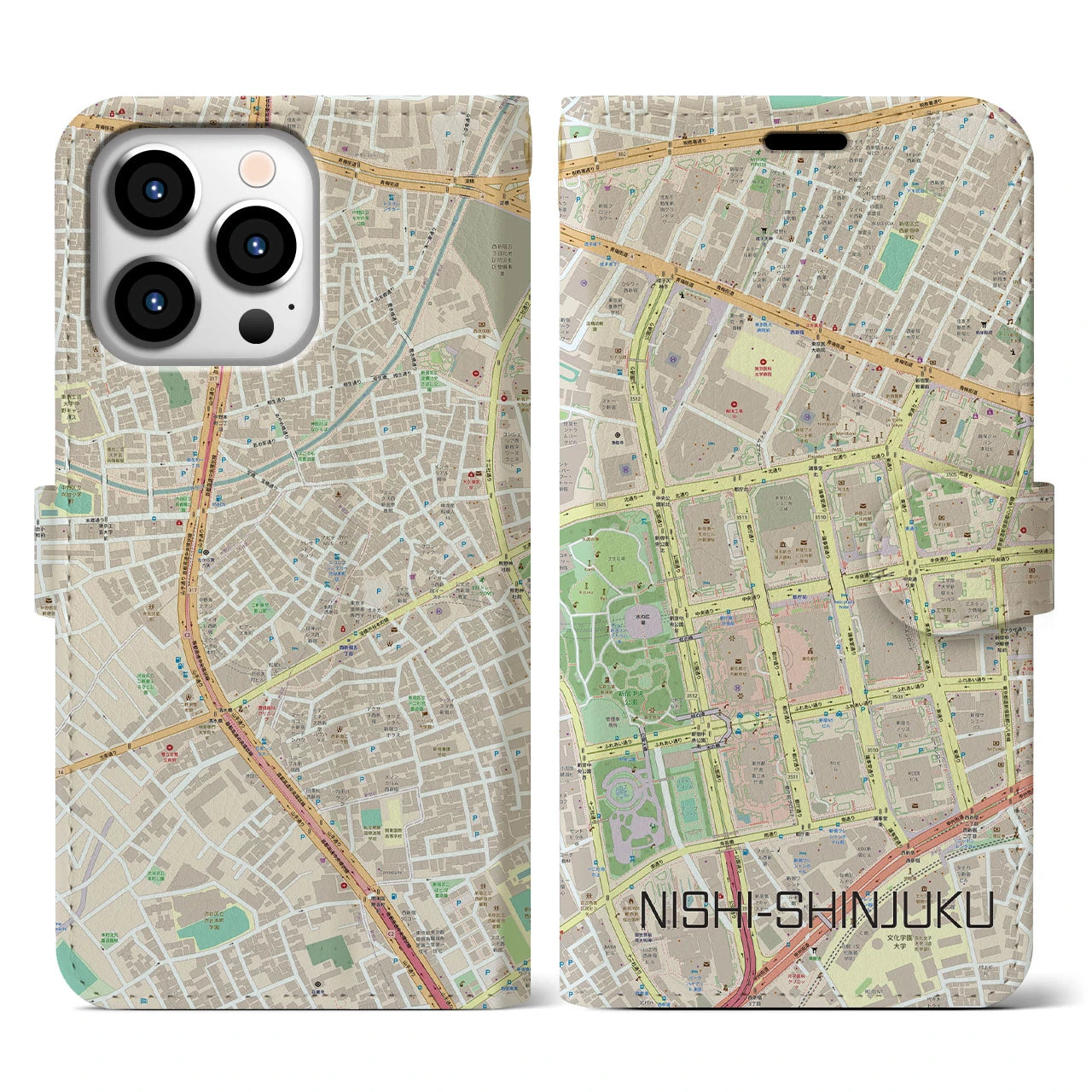 【西新宿】地図柄iPhoneケース（手帳両面タイプ・ナチュラル）iPhone 13 Pro 用