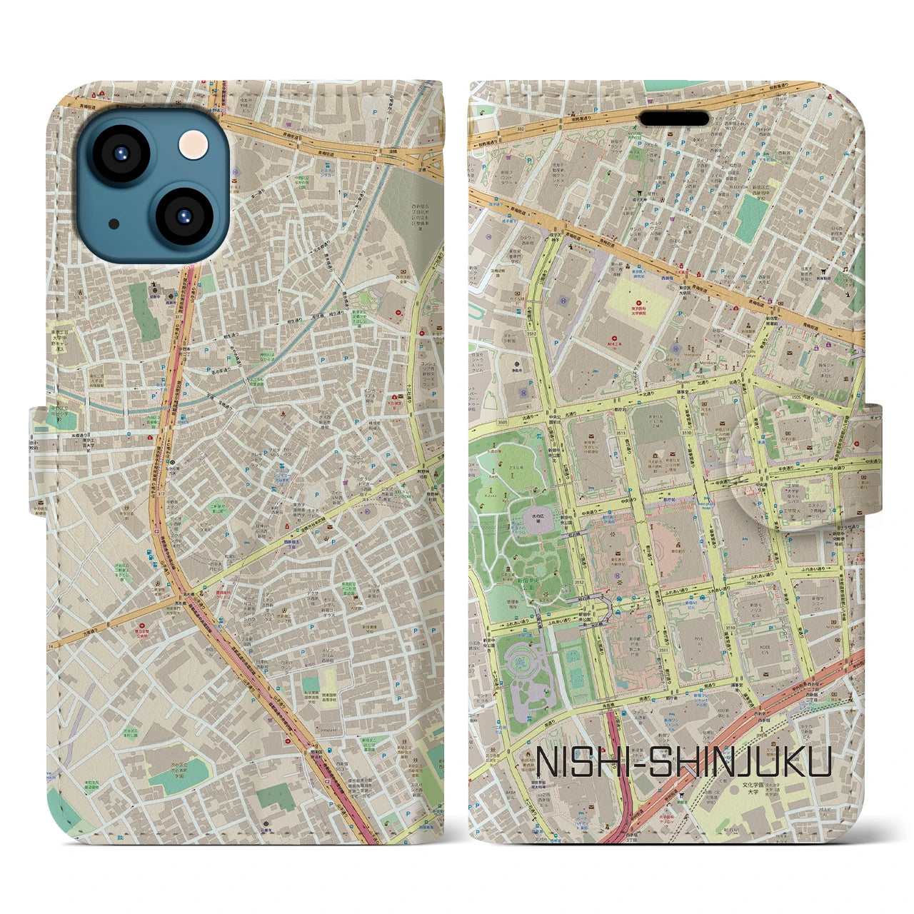 【西新宿】地図柄iPhoneケース（手帳両面タイプ・ナチュラル）iPhone 13 用
