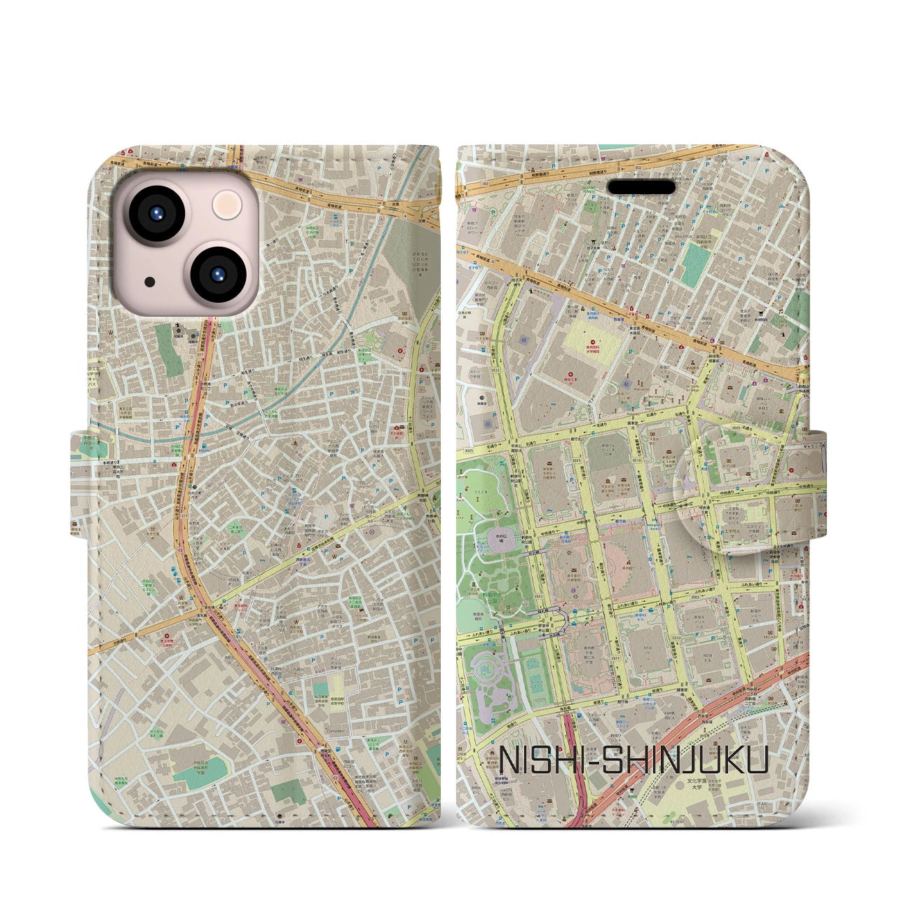 【西新宿】地図柄iPhoneケース（手帳両面タイプ・ナチュラル）iPhone 13 mini 用