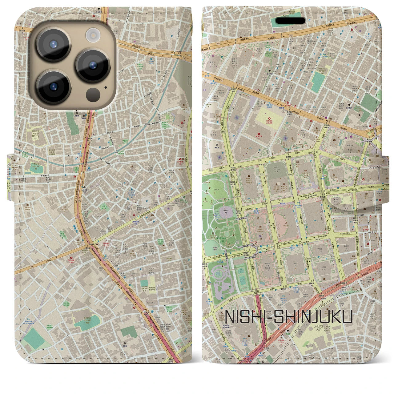 【西新宿】地図柄iPhoneケース（手帳両面タイプ・ナチュラル）iPhone 14 Pro Max 用