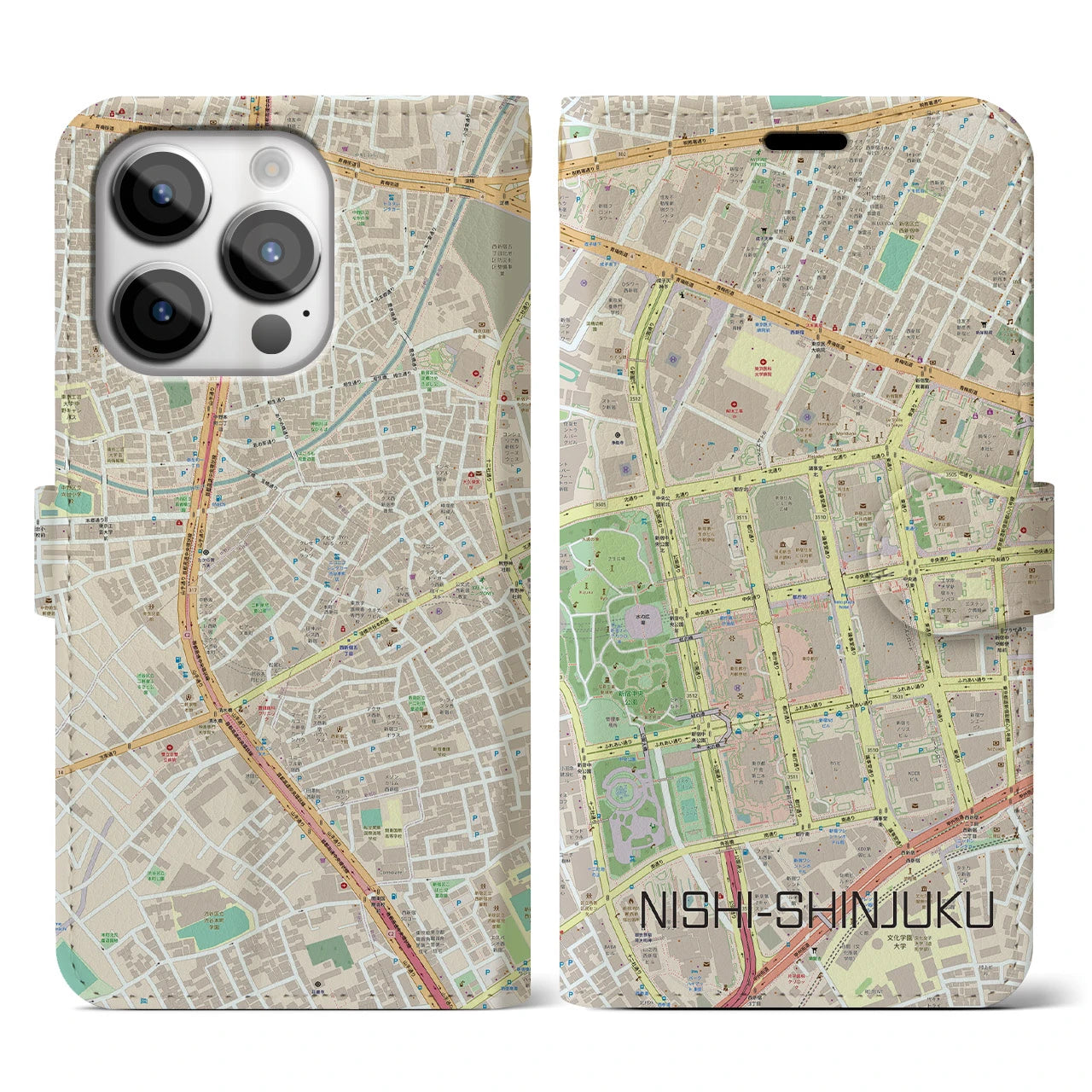 【西新宿】地図柄iPhoneケース（手帳両面タイプ・ナチュラル）iPhone 14 Pro 用