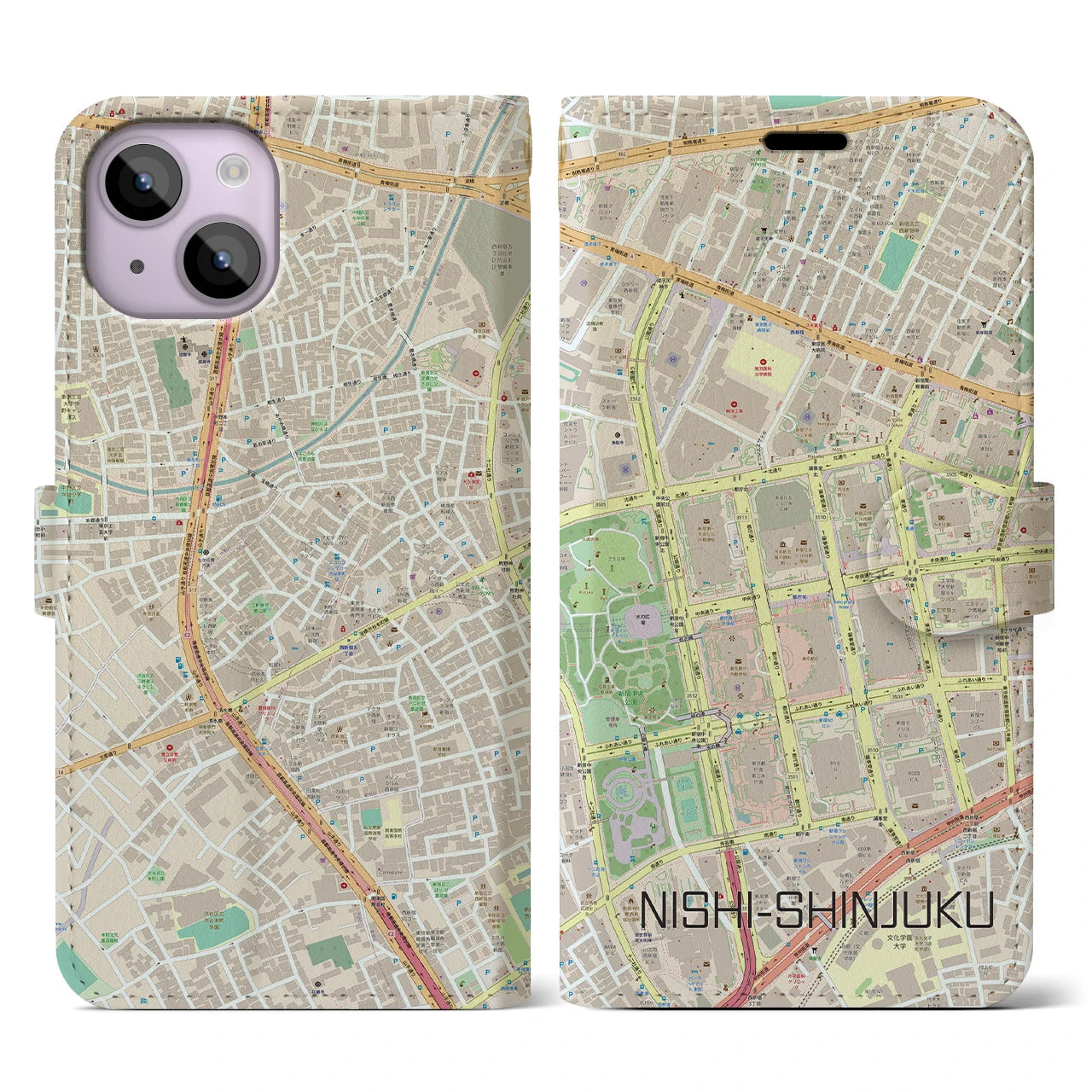 【西新宿】地図柄iPhoneケース（手帳両面タイプ・ナチュラル）iPhone 14 用