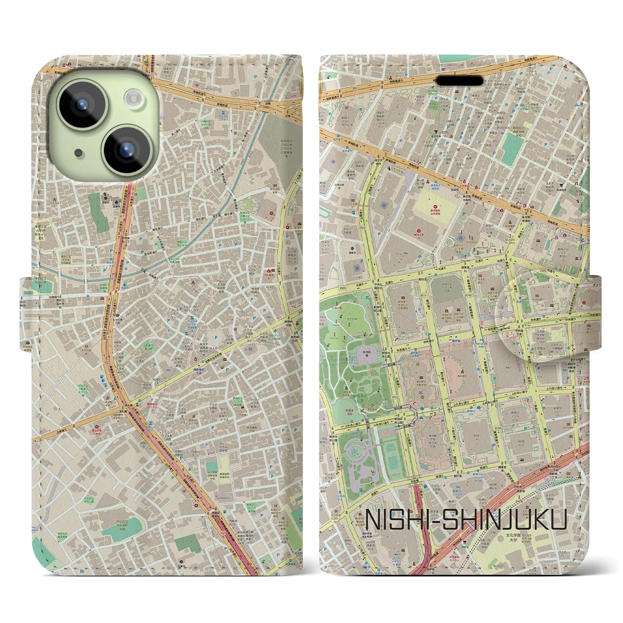 【西新宿】地図柄iPhoneケース（手帳両面タイプ・ナチュラル）iPhone 15 用