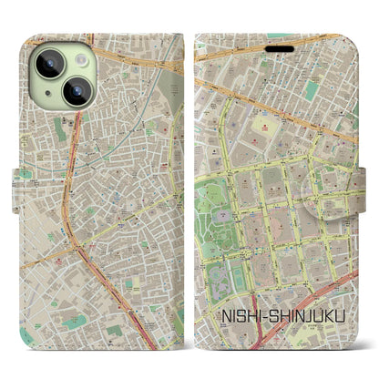 【西新宿（東京都）】地図柄iPhoneケース（手帳タイプ）ナチュラル・iPhone 15 用