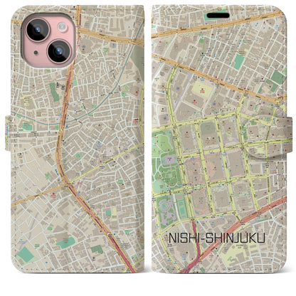 【西新宿（東京都）】地図柄iPhoneケース（手帳タイプ）ナチュラル・iPhone 15 Plus 用