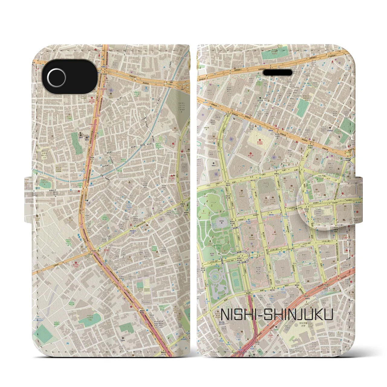 【西新宿】地図柄iPhoneケース（手帳両面タイプ・ナチュラル）iPhone SE（第3 / 第2世代） / 8 / 7 / 6s / 6 用