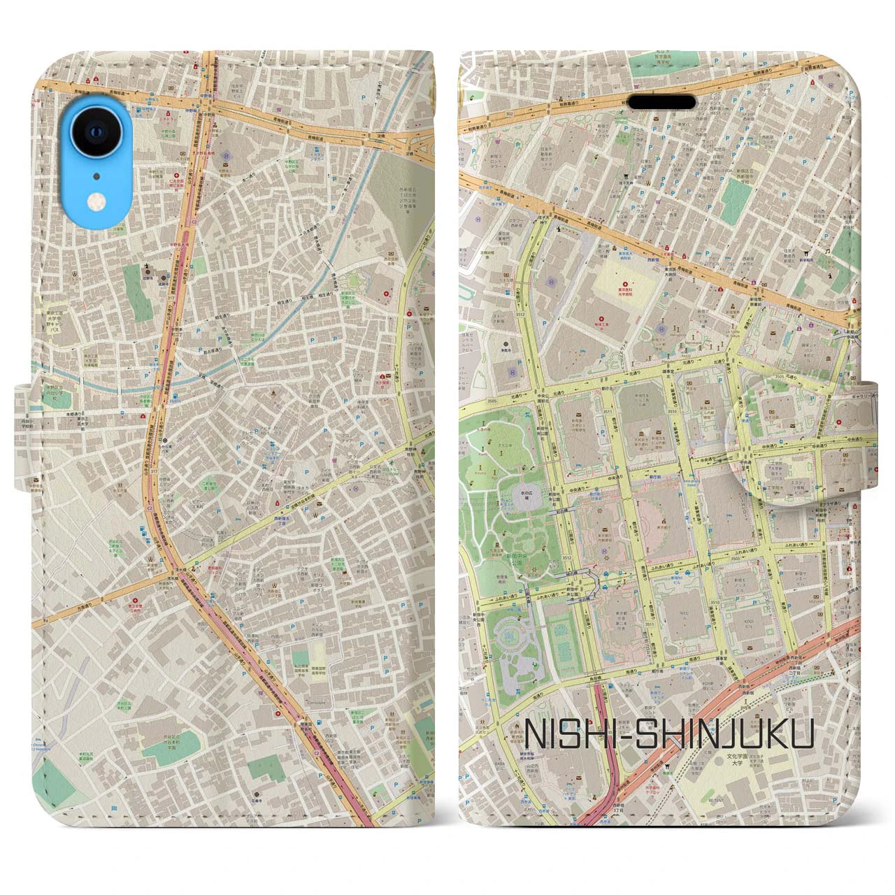 【西新宿】地図柄iPhoneケース（手帳両面タイプ・ナチュラル）iPhone XR 用