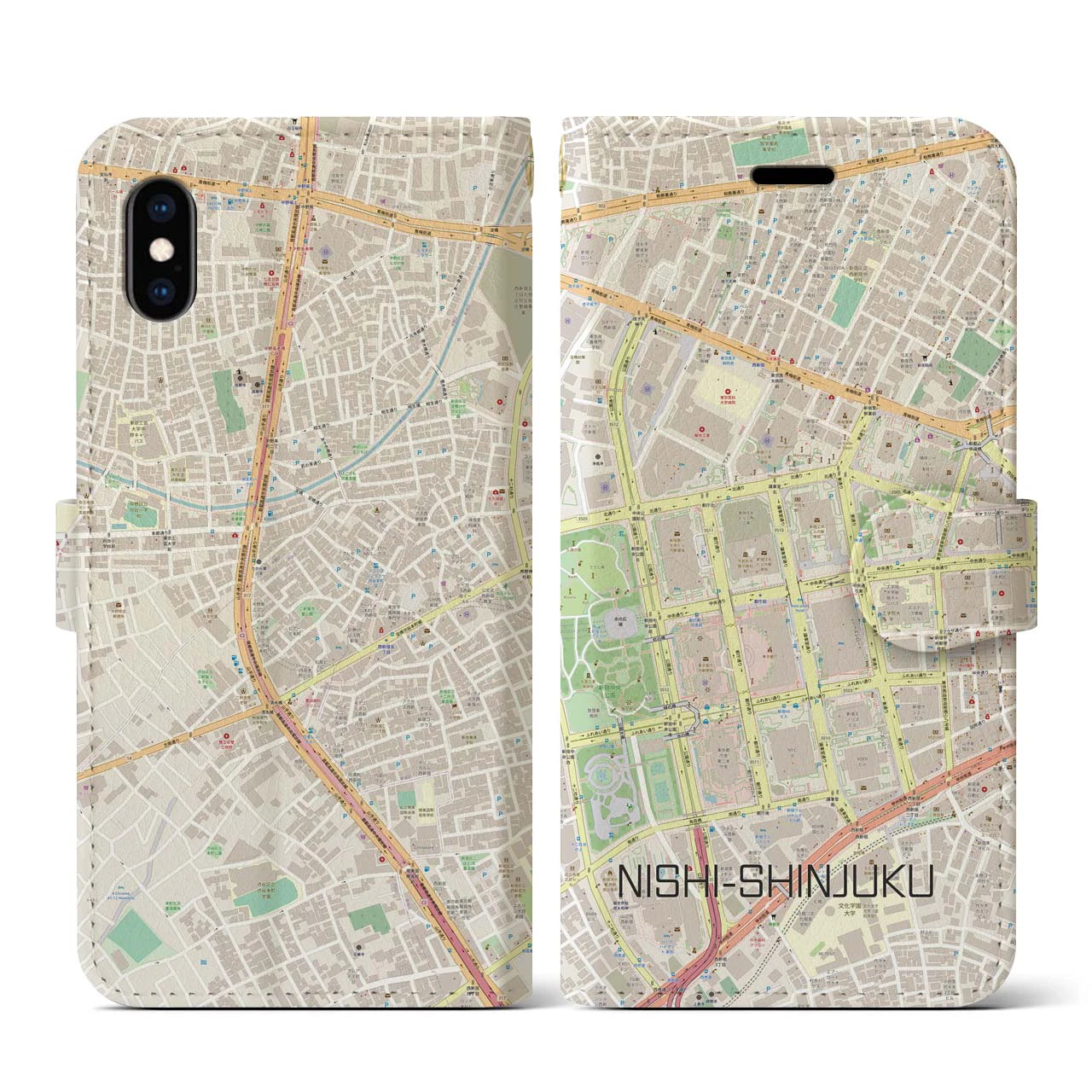 【西新宿】地図柄iPhoneケース（手帳両面タイプ・ナチュラル）iPhone XS / X 用