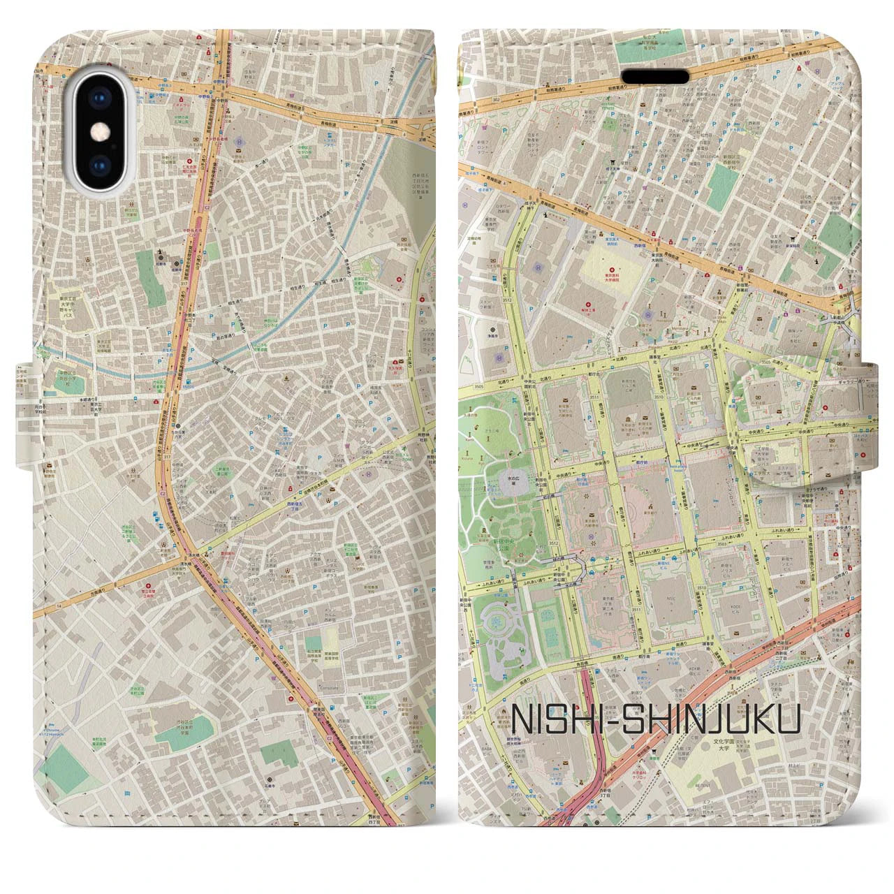 【西新宿】地図柄iPhoneケース（手帳両面タイプ・ナチュラル）iPhone XS Max 用