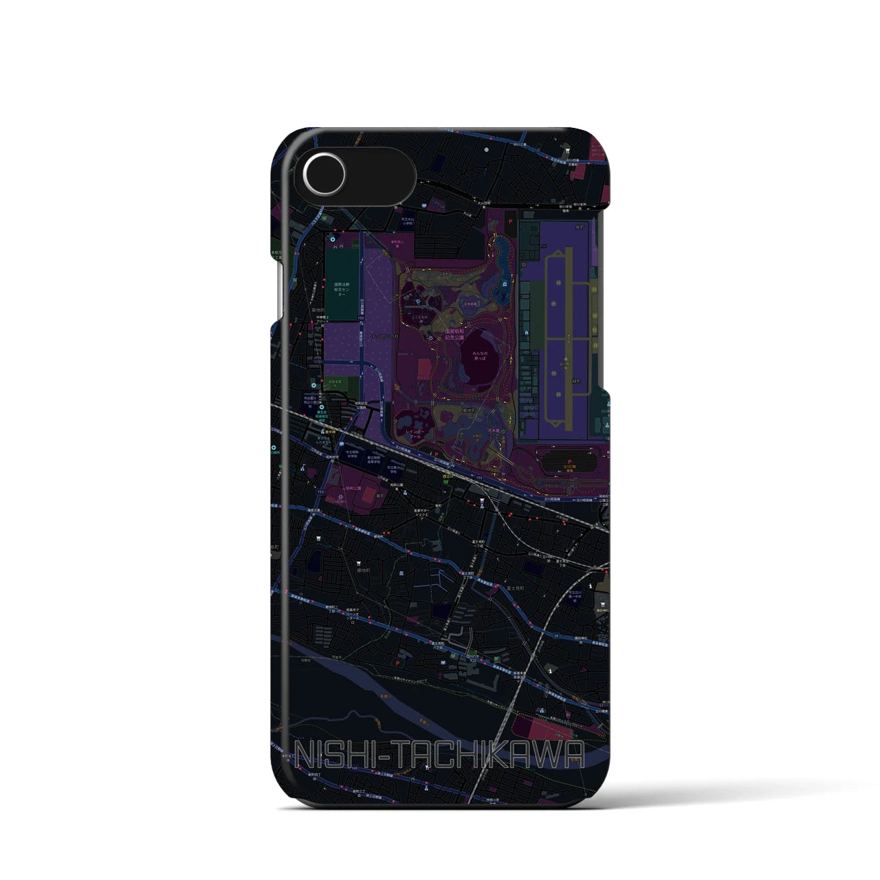 【西立川】地図柄iPhoneケース（バックカバータイプ・ブラック）iPhone SE（第3 / 第2世代） / 8 / 7 / 6s / 6 用