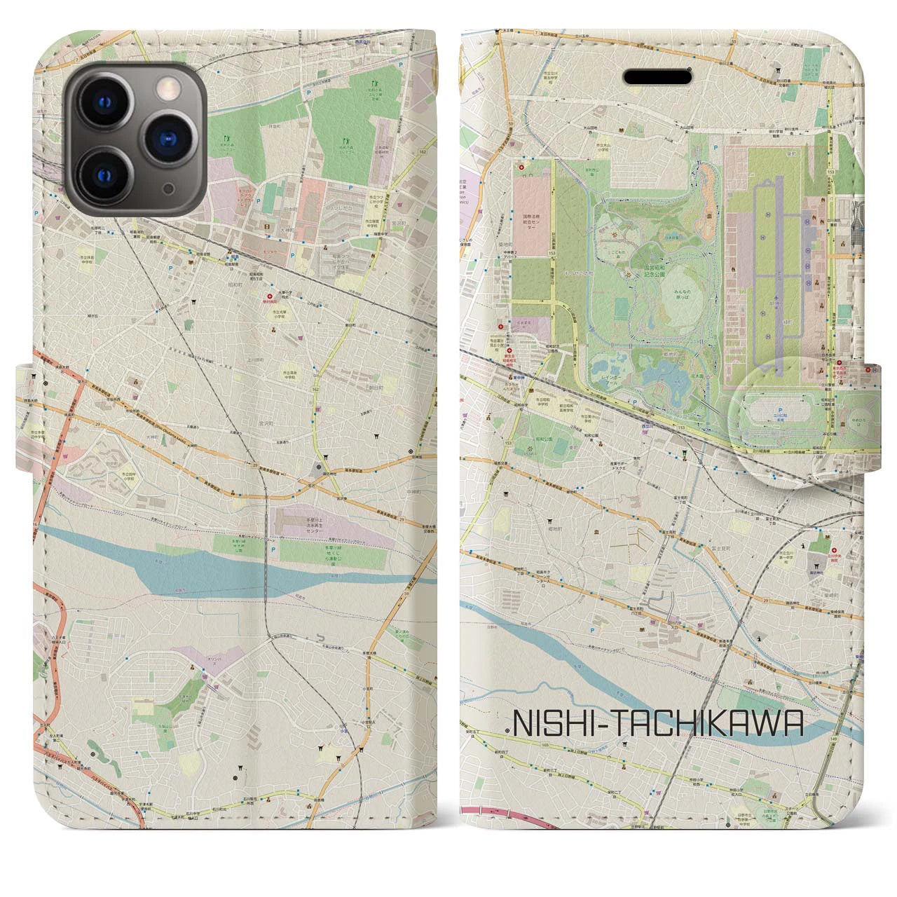 【西立川】地図柄iPhoneケース（手帳両面タイプ・ナチュラル）iPhone 11 Pro Max 用