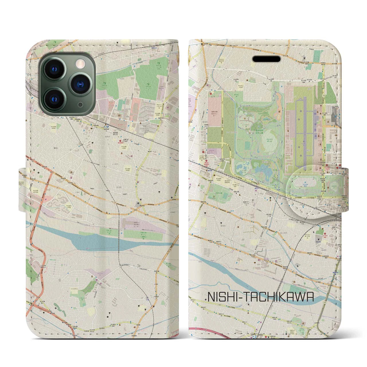 【西立川】地図柄iPhoneケース（手帳両面タイプ・ナチュラル）iPhone 11 Pro 用