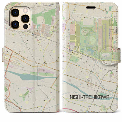 【西立川（東京都）】地図柄iPhoneケース（手帳タイプ）ナチュラル・iPhone 12 Pro Max 用