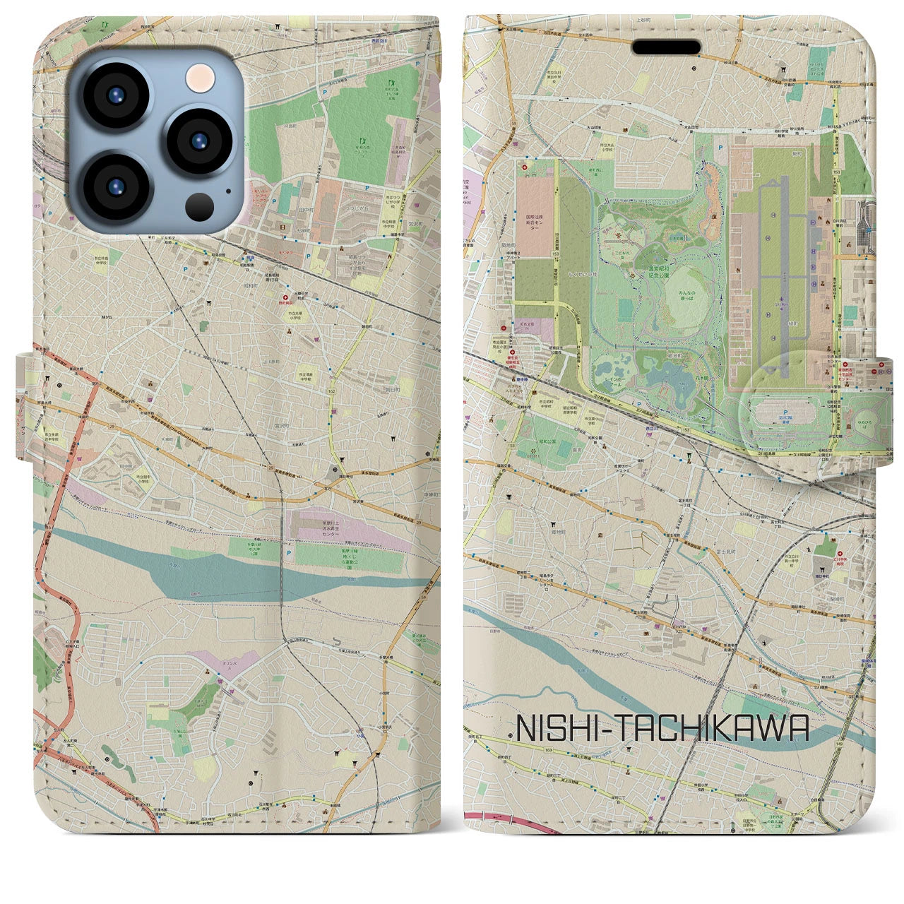 【西立川】地図柄iPhoneケース（手帳両面タイプ・ナチュラル）iPhone 13 Pro Max 用