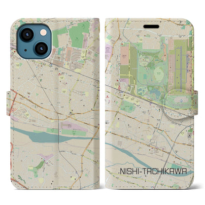 【西立川（東京都）】地図柄iPhoneケース（手帳タイプ）ナチュラル・iPhone 13 用