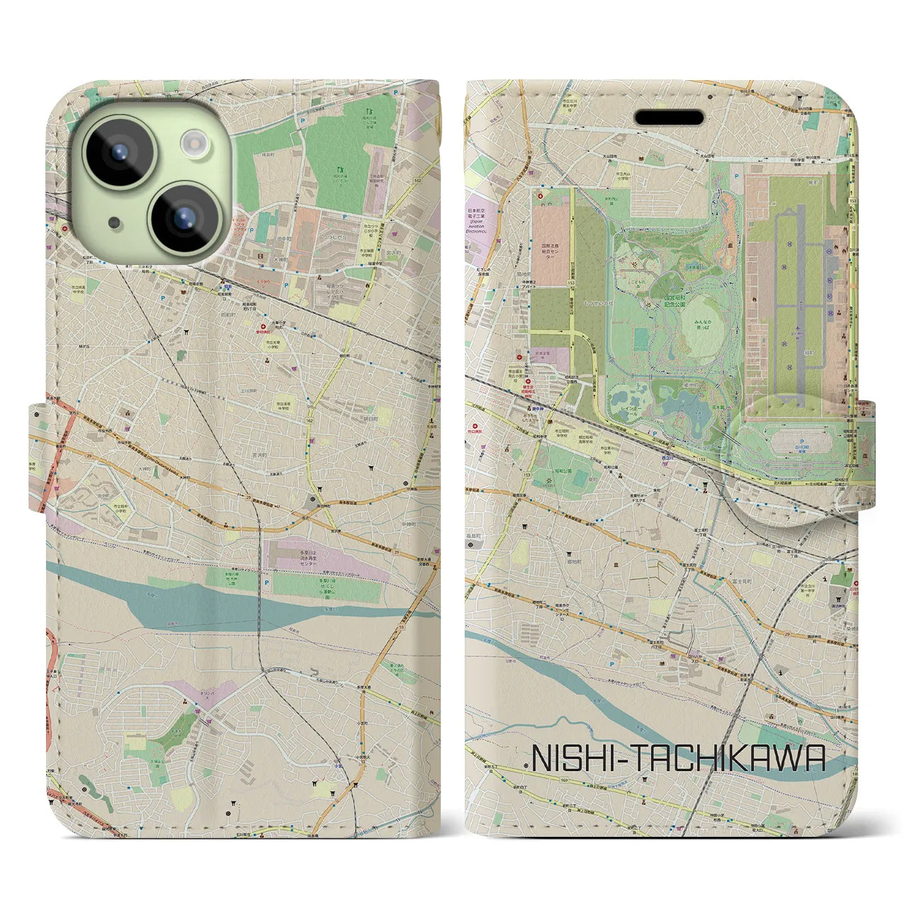 【西立川】地図柄iPhoneケース（手帳両面タイプ・ナチュラル）iPhone 15 用