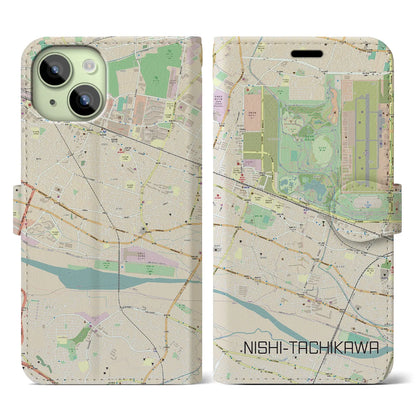 【西立川（東京都）】地図柄iPhoneケース（手帳タイプ）ナチュラル・iPhone 15 用