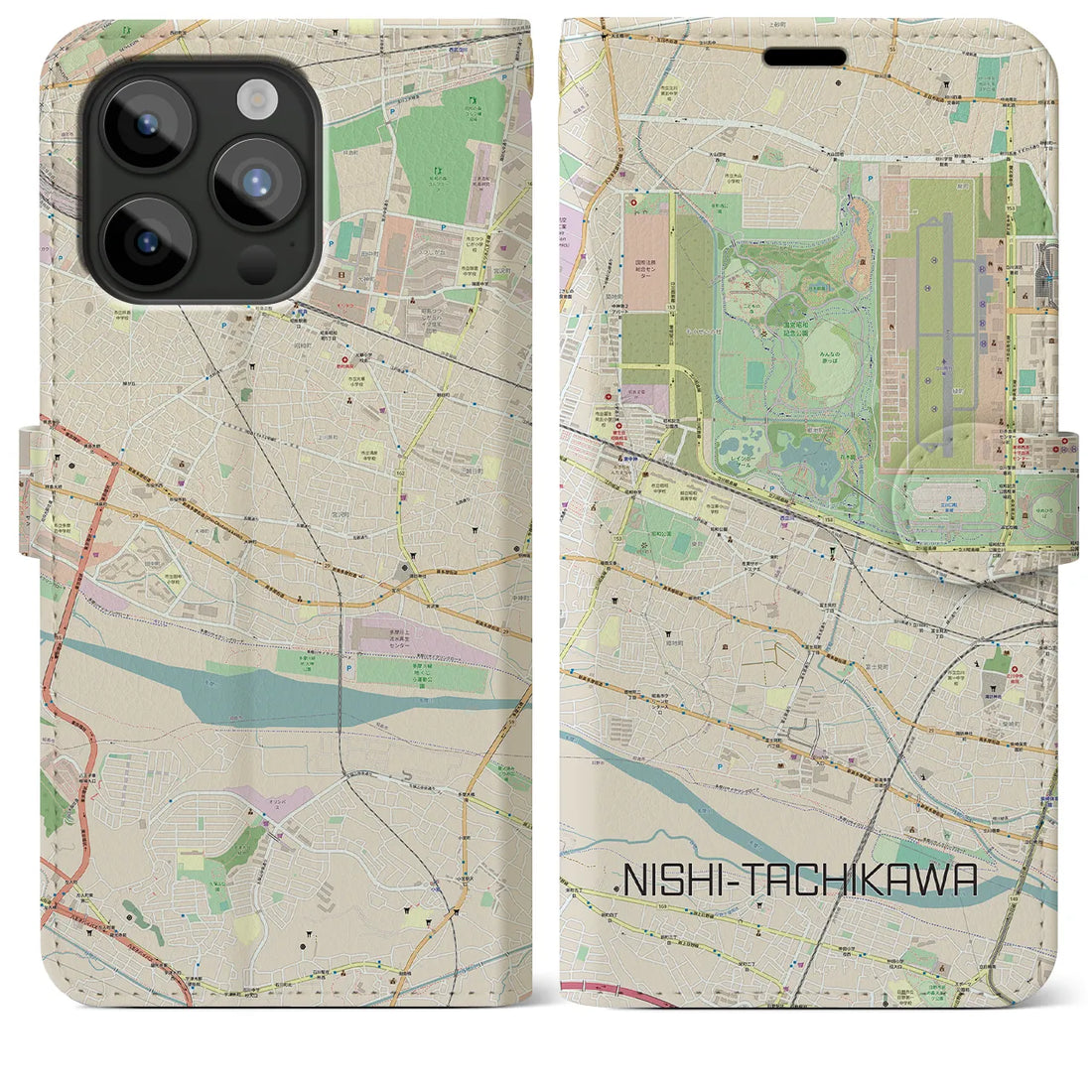 【西立川】地図柄iPhoneケース（手帳両面タイプ・ナチュラル）iPhone 15 Pro Max 用