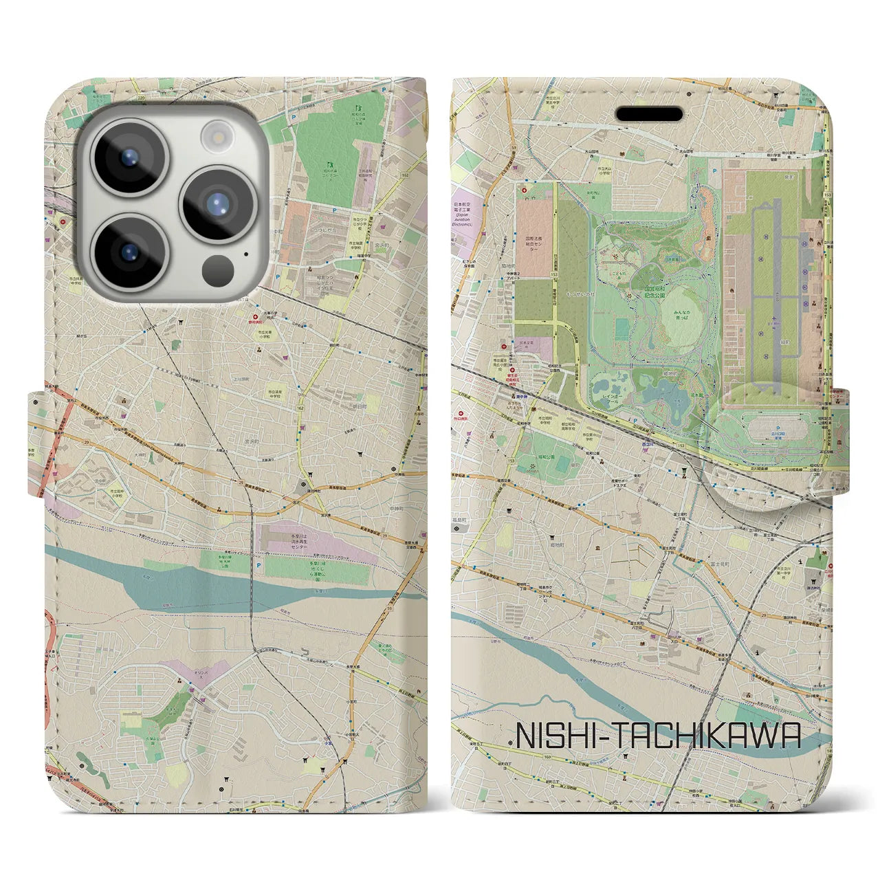 【西立川】地図柄iPhoneケース（手帳両面タイプ・ナチュラル）iPhone 15 Pro 用
