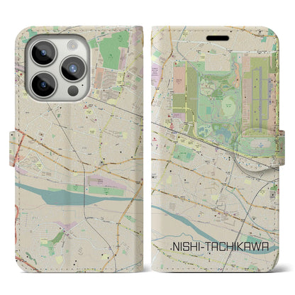 【西立川（東京都）】地図柄iPhoneケース（手帳タイプ）ナチュラル・iPhone 15 Pro 用