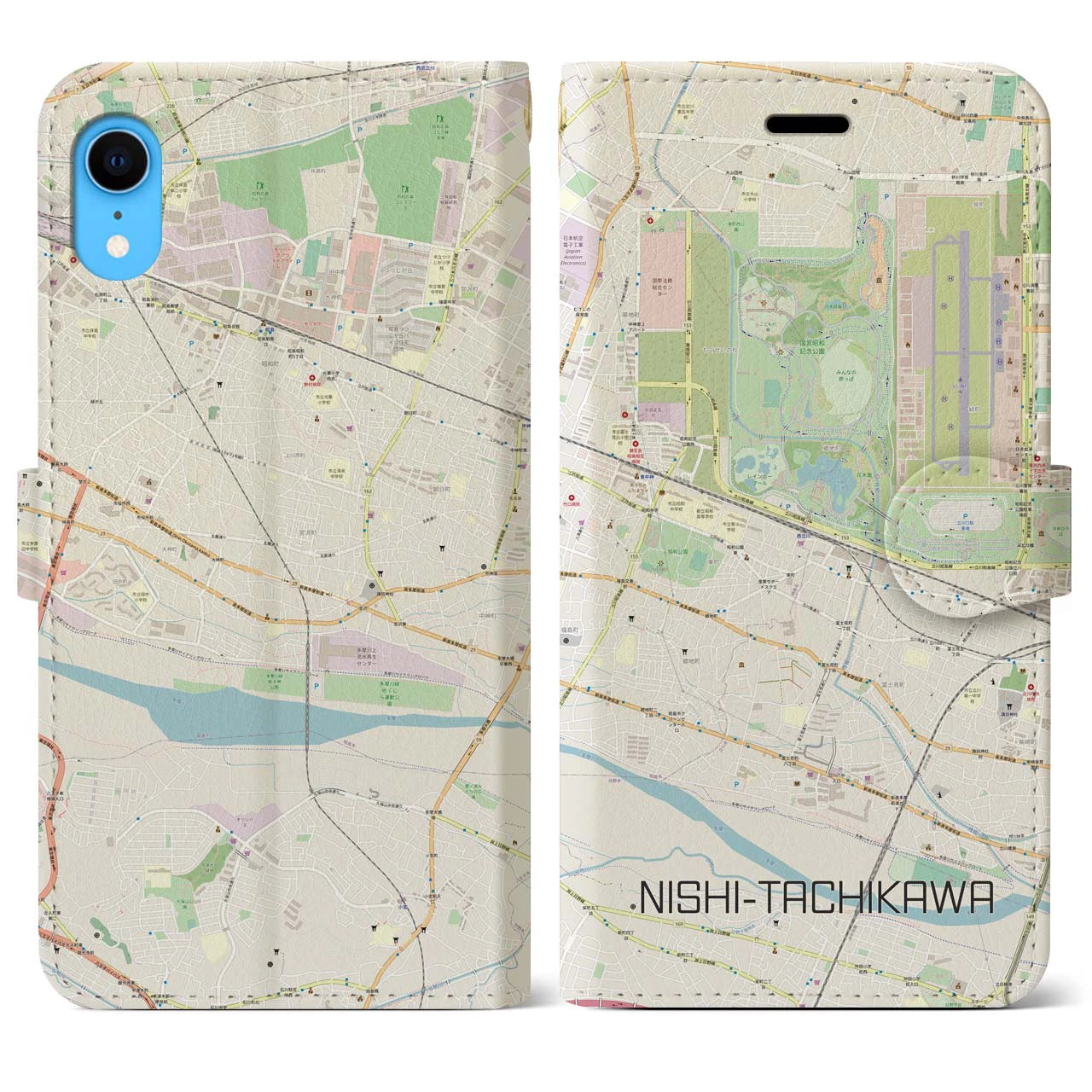 【西立川】地図柄iPhoneケース（手帳両面タイプ・ナチュラル）iPhone XR 用