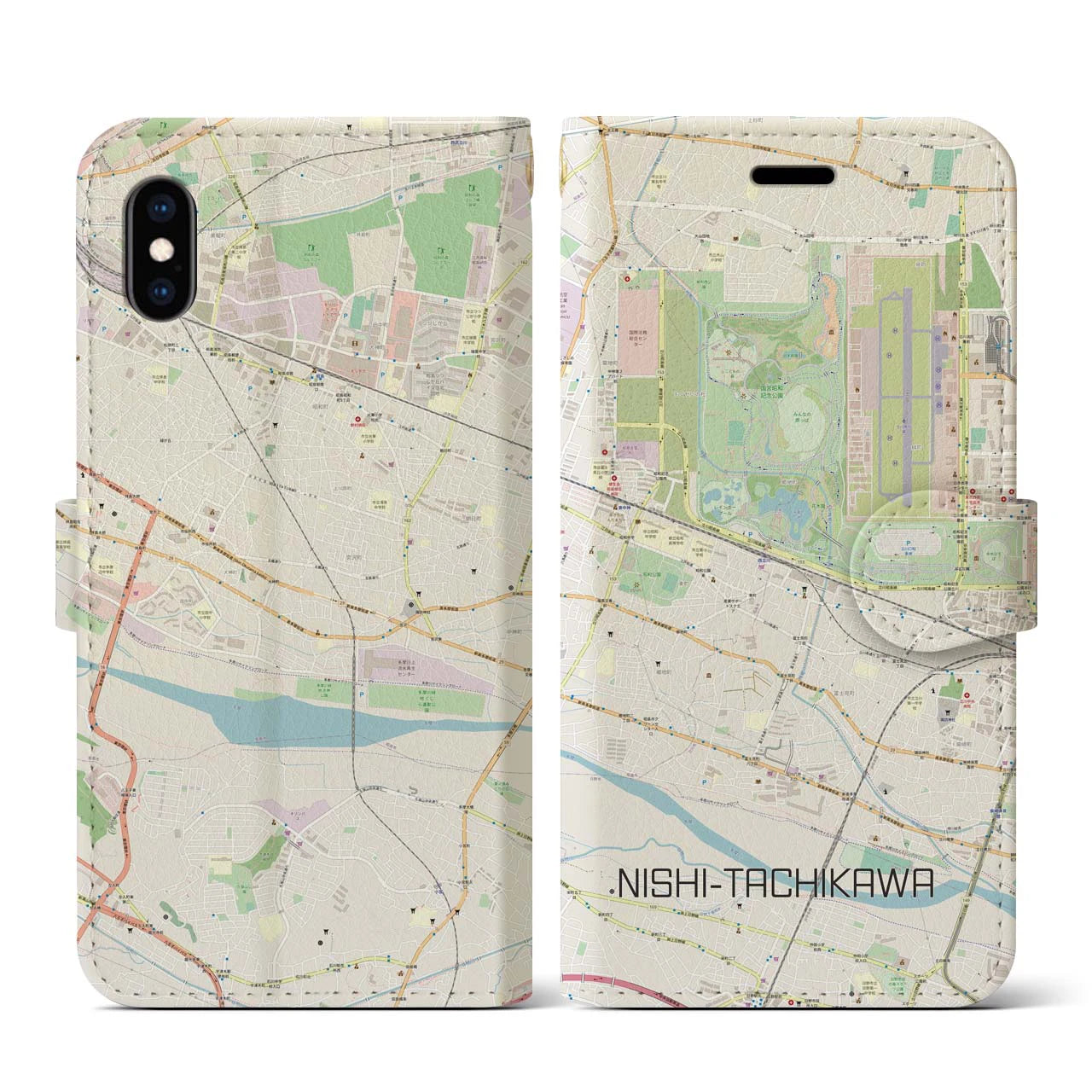 【西立川】地図柄iPhoneケース（手帳両面タイプ・ナチュラル）iPhone XS / X 用