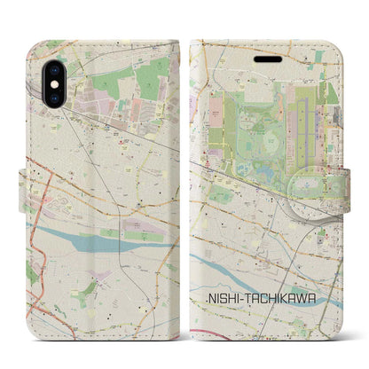 【西立川（東京都）】地図柄iPhoneケース（手帳タイプ）ナチュラル・iPhone XS / X 用