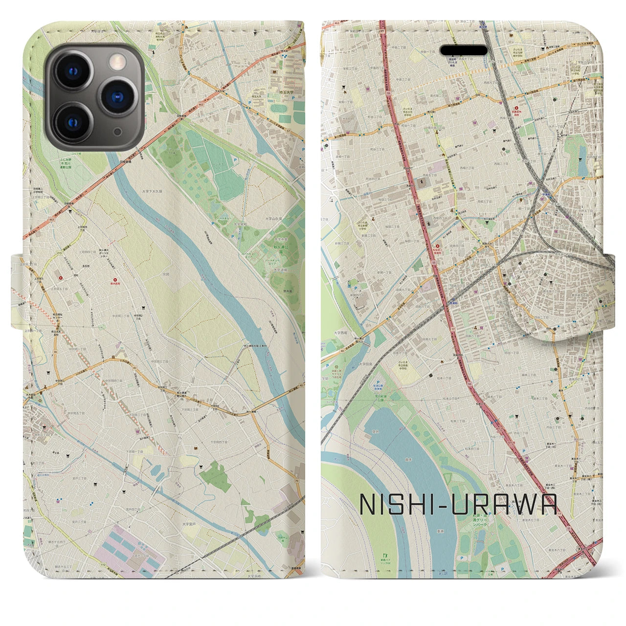 【西浦和】地図柄iPhoneケース（手帳両面タイプ・ナチュラル）iPhone 11 Pro Max 用