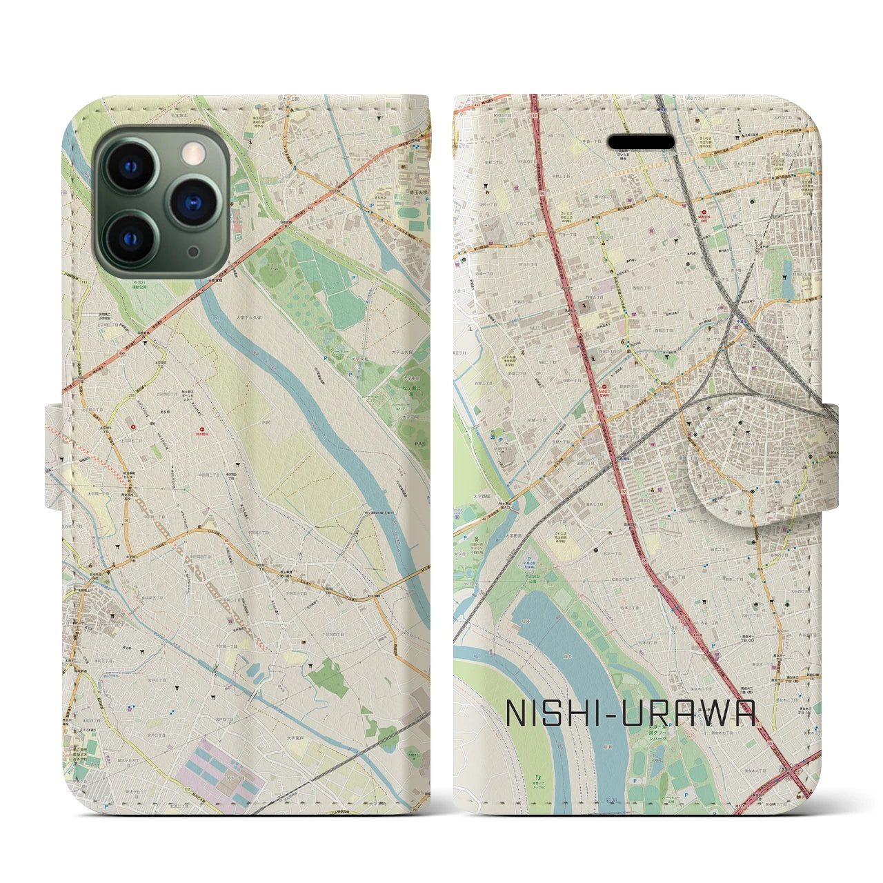 【西浦和】地図柄iPhoneケース（手帳両面タイプ・ナチュラル）iPhone 11 Pro 用