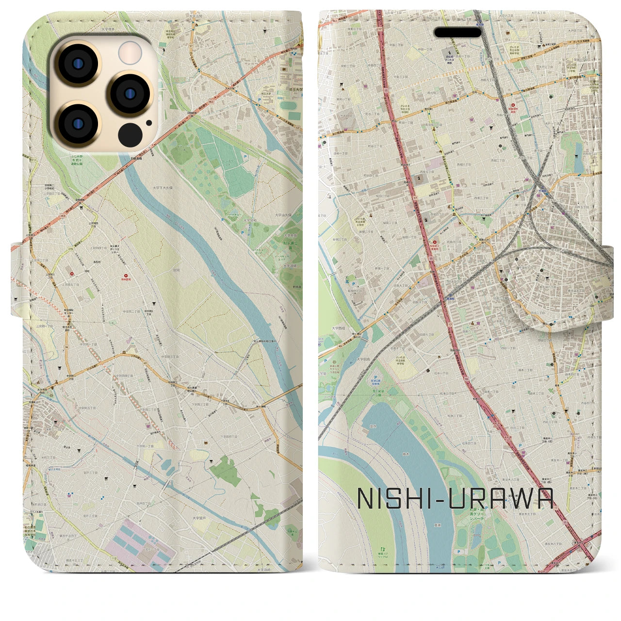【西浦和】地図柄iPhoneケース（手帳両面タイプ・ナチュラル）iPhone 12 Pro Max 用