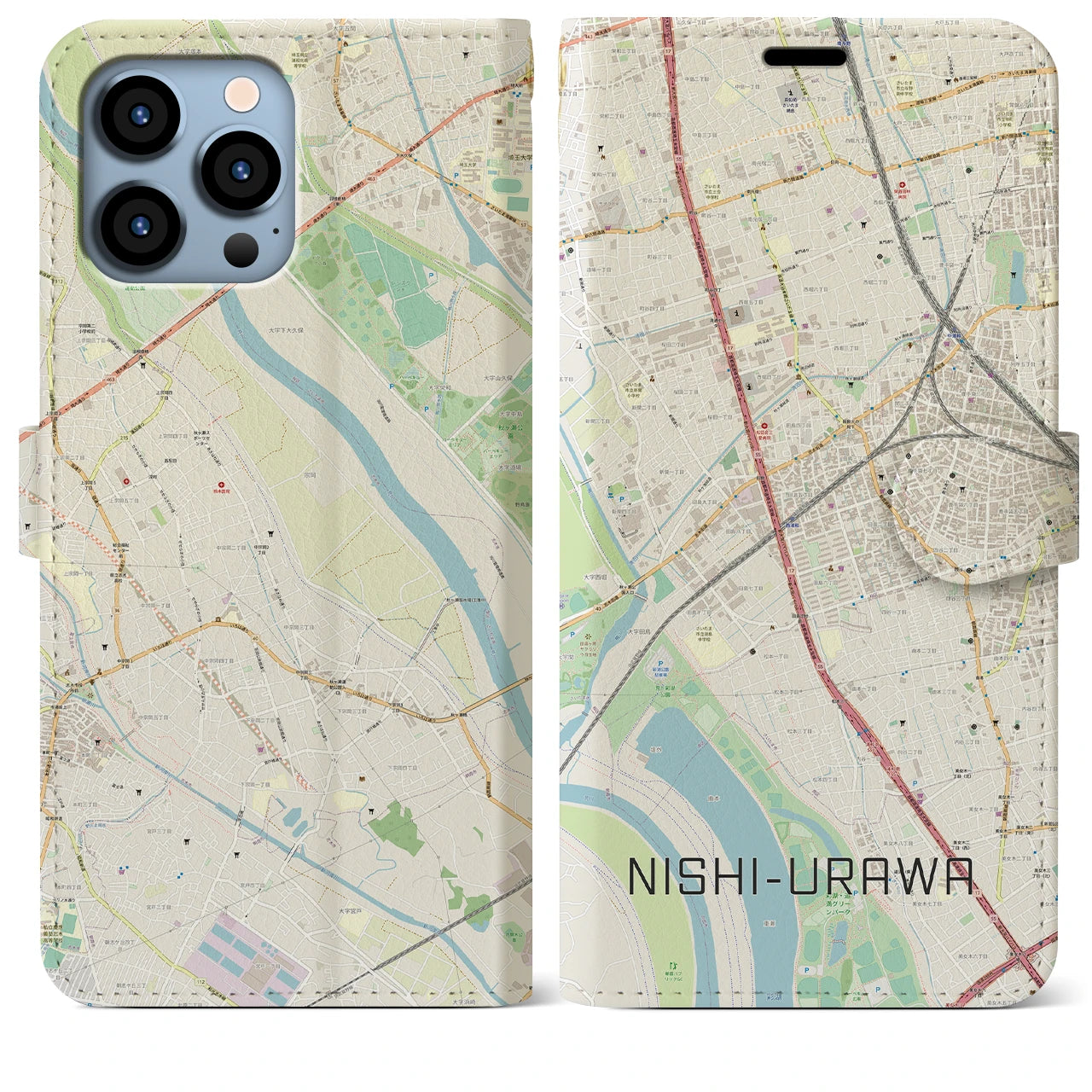 【西浦和】地図柄iPhoneケース（手帳両面タイプ・ナチュラル）iPhone 13 Pro Max 用
