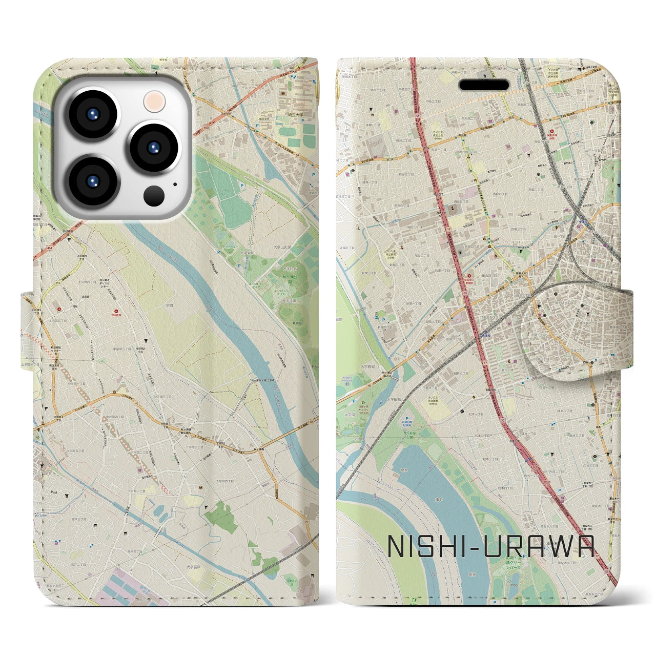 【西浦和】地図柄iPhoneケース（手帳両面タイプ・ナチュラル）iPhone 13 Pro 用
