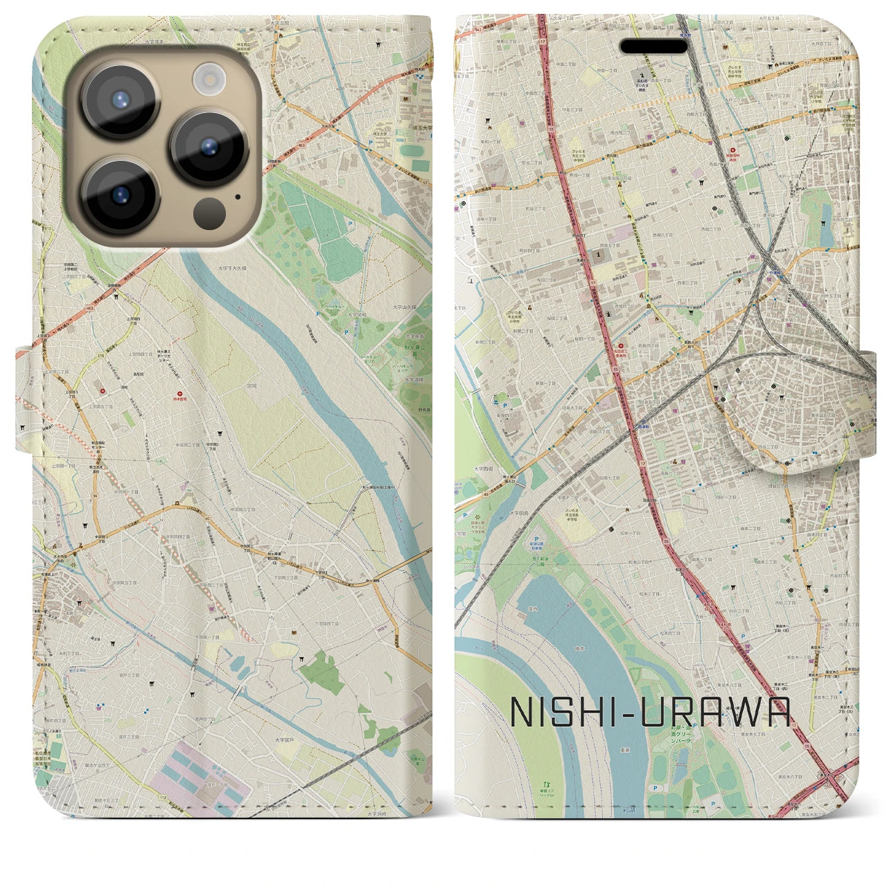 【西浦和】地図柄iPhoneケース（手帳両面タイプ・ナチュラル）iPhone 14 Pro Max 用