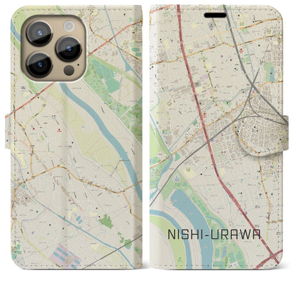 【西浦和（埼玉県）】地図柄iPhoneケース（手帳タイプ）ナチュラル・iPhone 14 Pro Max 用