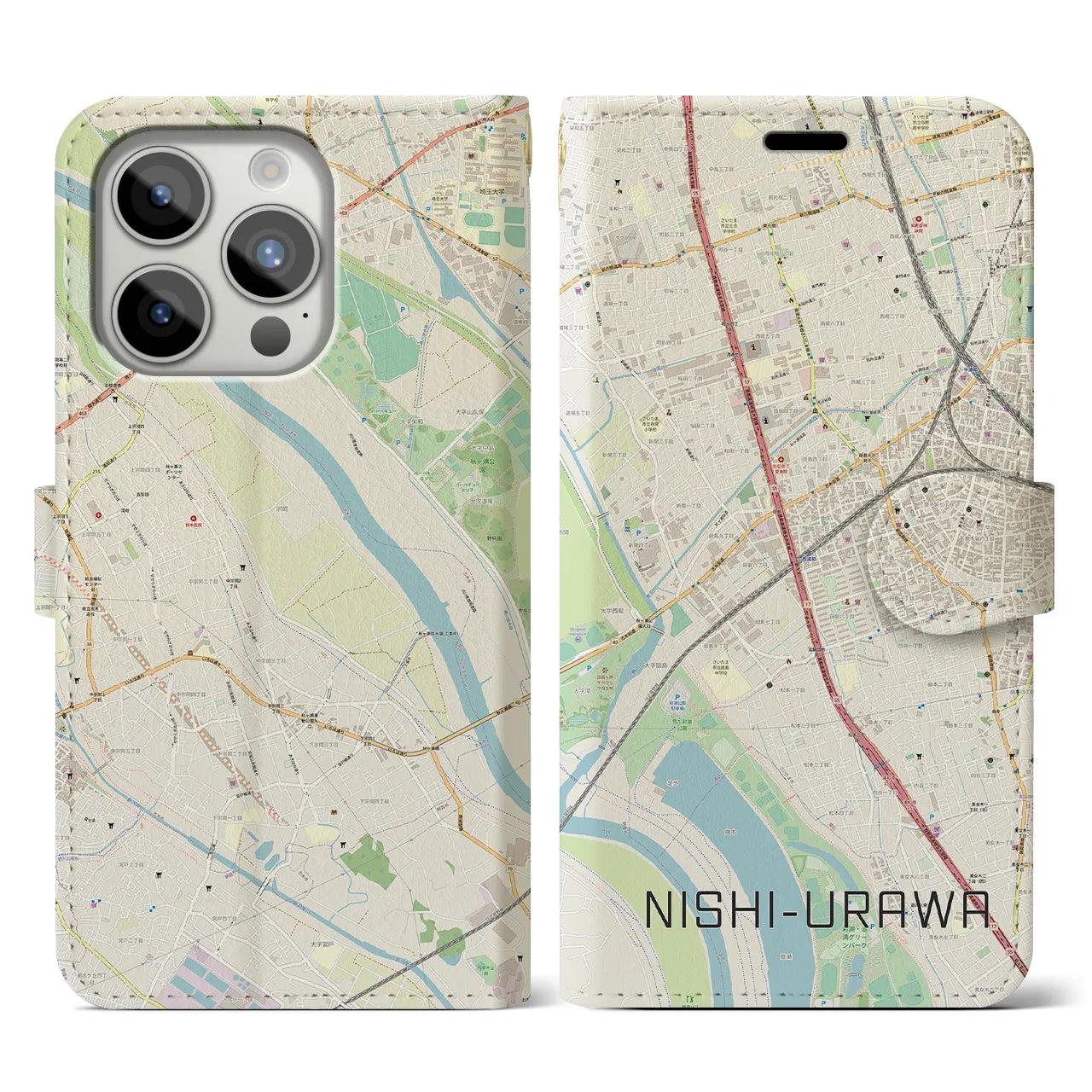 【西浦和】地図柄iPhoneケース（手帳両面タイプ・ナチュラル）iPhone 15 Pro 用