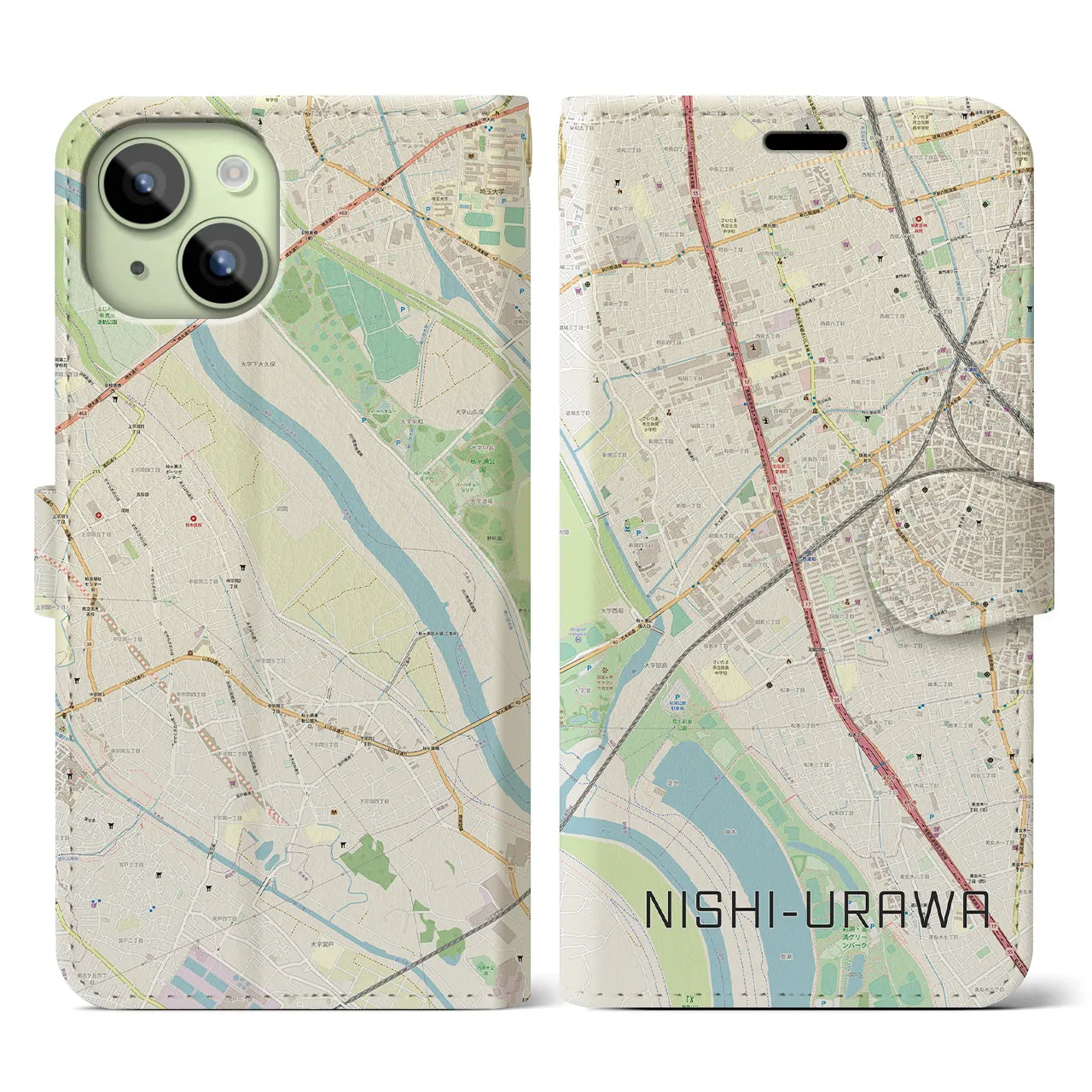 【西浦和】地図柄iPhoneケース（手帳両面タイプ・ナチュラル）iPhone 15 用