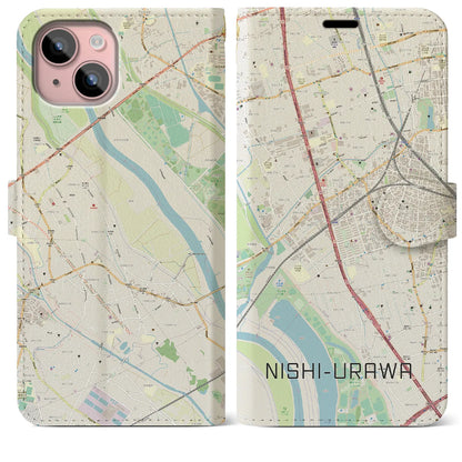 【西浦和（埼玉県）】地図柄iPhoneケース（手帳タイプ）ナチュラル・iPhone 15 Plus 用