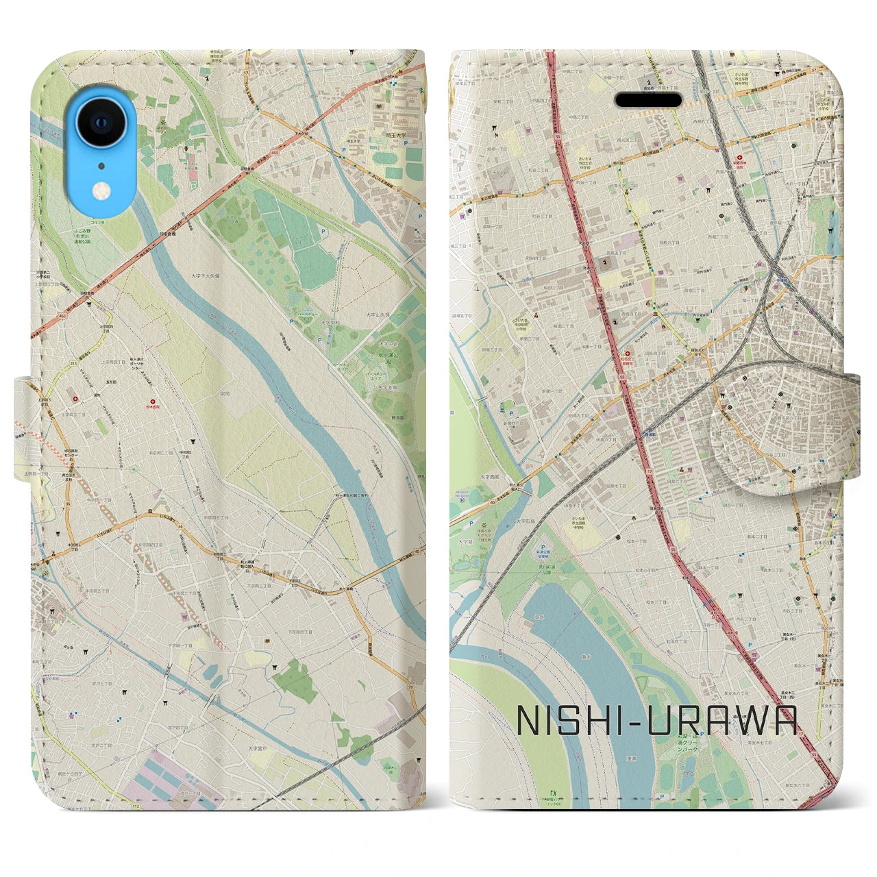 【西浦和】地図柄iPhoneケース（手帳両面タイプ・ナチュラル）iPhone XR 用